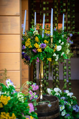 Fototapeta na wymiar Flowers restaurant decoration for weddind table of newlyweds celebration