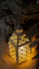 Night festive lantern under the tree. Night lights, dark festive background. Magical New Year's atmosphere. Night view, neon light. Blurred background.