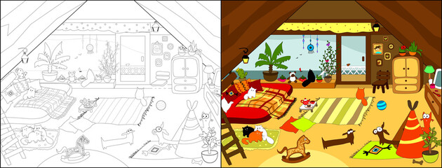 Cozy house series. Vector illustrations for coloring book.