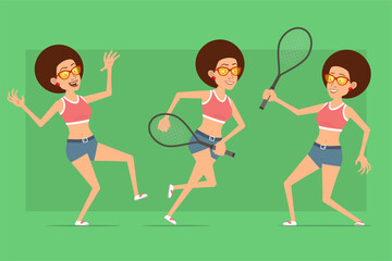 Cartoon flat funny sport woman character in shirt, jeans shorts and sunglasses. Ready for animation. Girl jumping and running with tennis racket. Isolated on green background. Vector set.