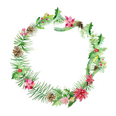 Watercolor colorful greeting decoration Christmas wreath with holly berries. Happy New Year card