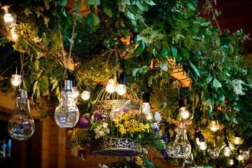 Flowers restaurant decoration for weddind table of newlyweds celebration