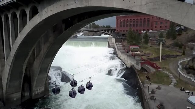Spokane Falls SkyRide - Static Cable Cars Under The Bridge In Spokane Falls, Washington - aerial