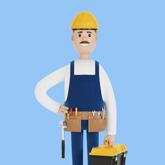 A builder with a hard hat and a toolbox. Construction worker. 3D illustration in cartoon style.