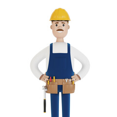 The builder in a helmet and with tools. Construction worker. 3D illustration in cartoon style.