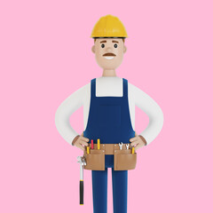 The builder in a helmet and with tools. Construction worker. 3D illustration in cartoon style.