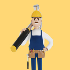 A builder with a hard hat and a big hammer. Construction worker. 3D illustration in cartoon style.