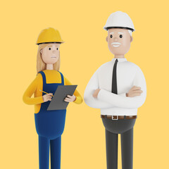 Quality control, production inspection. A civil engineer tells a female inspector about the work done. 3D illustration in cartoon style.