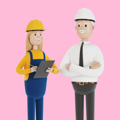 Quality control, production inspection. A civil engineer tells a female inspector about the work done. 3D illustration in cartoon style.