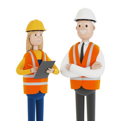 Quality control, production inspection. A civil engineer tells a female inspector about the work done. 3D illustration in cartoon style. - 388811683