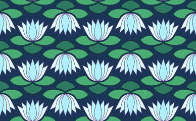 Fototapeta premium Lotus seamless pattern. Water Lily repeating textile pattern. Pattern for scarf, clothes and other fabric printing.
