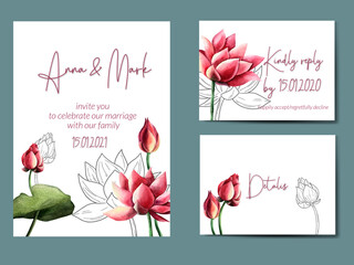 Elegant invitation, perfect for wedding, flowers Lotus, collection of watercolor hand drawing, vintage, delicate, nature, , textile print, scrapbooking and much more