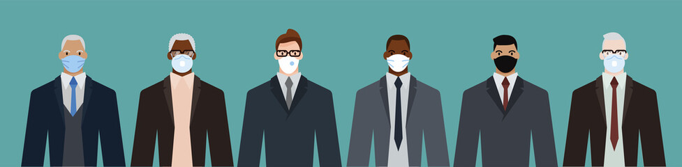 Group of diverse businessman men of adult and senior age, of different race, in office style clothes, wearing masks for pandemic protection from covid19. Flat design vector illustration.