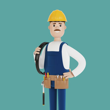 Electrician construction worker with tools and with a wire 3D illustration in cartoon style.