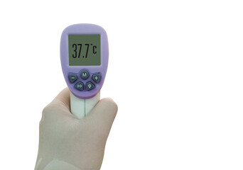 Isolated of an infrared thermometer on white background. The screen shown 37.7 degrees celsius that...