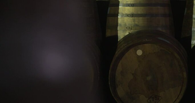 Whiskey wine alcohol wooden keg barrels cask cellar warehouse tracking reveal shot