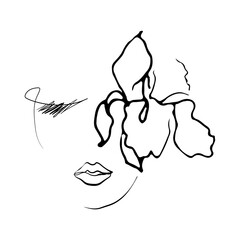 line drawing woman face with iris flower.