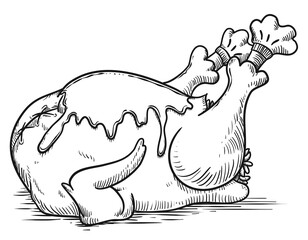 Roasted Turkey Covered with Sauce in Hand Drawn Style, Vector Illustration