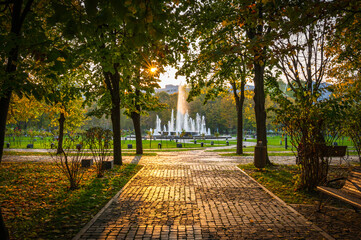 back light scenery - alley in the park with water fountain