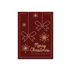 Fototapeta na wymiar christmas minimalist red card with decorative bows hanging and snowflakes, colorful design