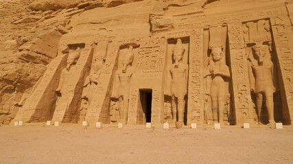 Beautiful setting of the temple of nefertari next to the temple of Abu Simbel, in southern Egypt in Nubia next to Lake Nasser. Temple of Pharaoh Ramses II, 4k video