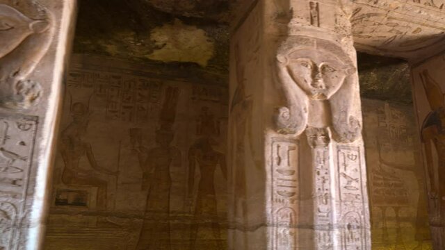 Columns and hieroglyphic drawings inside the temple of Nefertari next to the temple of Abu Simbel in southern Egypt in Nubia next to Lake Nasser. Temple of Pharaoh Ramses II, 4k video