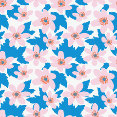 seamless pattern in Scandinavian style with flowers and leaves. Background with pink anemone and blue leaves on white.