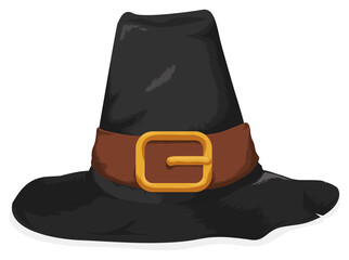 Isolated Old Pilgrim Hat with Leather Band and Buckle, Vector Illustration