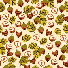 Seamless pattern with hazelnut leaves and acorns. Perfect for wallpapers, wrapping papers, pattern fills, textile, autumn greeting cards, Thanksgiving Day cards