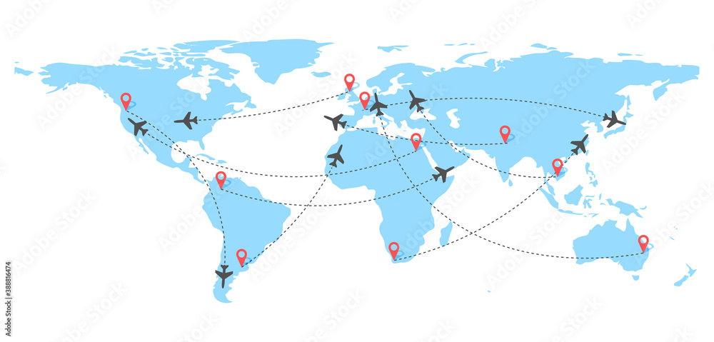Aufkleber air plane flight routes with red pin point and dash line trace. dashed path on world map background.