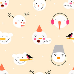 Funny vector winter seamless pattern with heads of  Snowmen. Cute geometrical fabric design on pink background. Simple and stylish Scandinavian repeat texture.