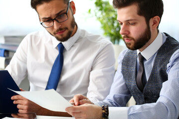 Fototapeta premium Group of people hold in arms financial papers solve and discuss problem portrait. Fresh view review situation new angle look professional training white collar investment and finance concept