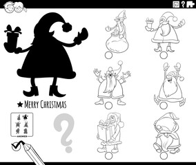 shadows game with cartoon Santa Clauses coloring book page