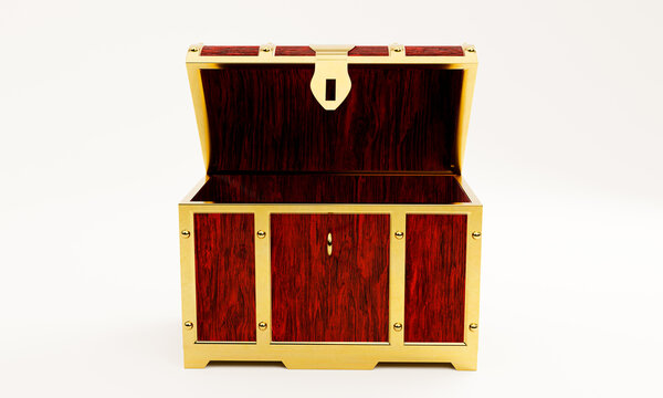 Treasure chest or retro treasure box Made with red painted wood and gold metal. Placed on white floor and background. 3D Rendering.
