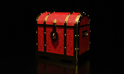 Treasure chest or retro treasure box Made with red painted wood and gold metal. Placed on black floor and background. 3D Rendering.