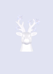 Contemporary collage. 3D illustration. Christmas background with a white deer whose horns are decorated with flowers and stars on a light background.