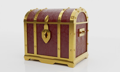 Treasure chest or retro treasure box Made with red painted wood and gold metal. Placed on white floor and background. 3D Rendering.