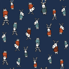 Funny christmas pattern with deer. Seamless vector hand drawn background. Deer in a sweater. Christmas motives. Printing on paper, textiles, fabric, wallpaper.