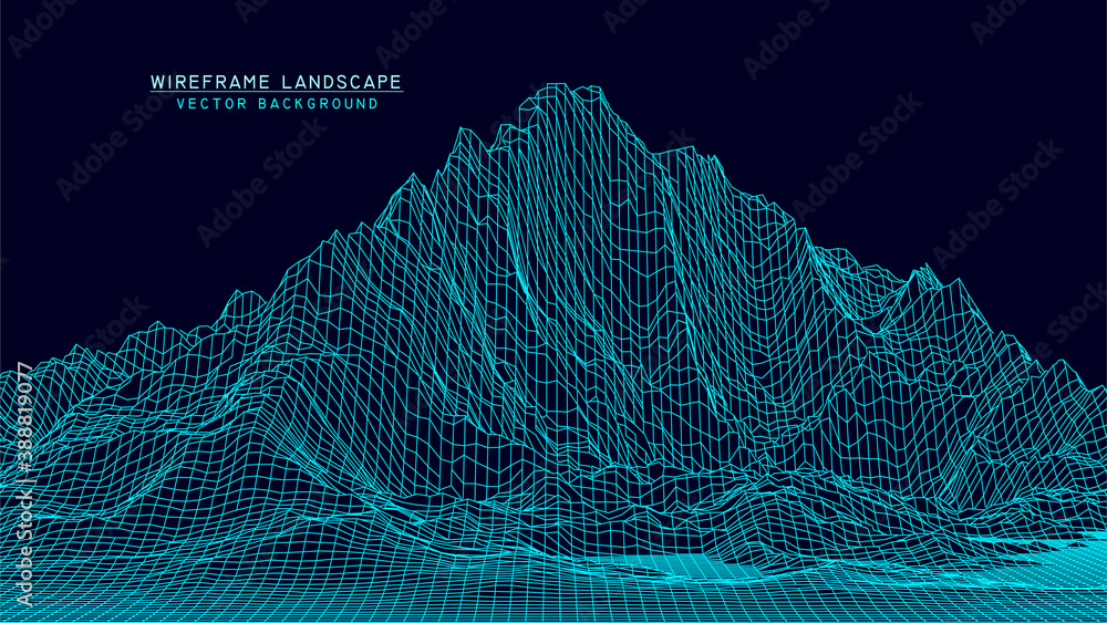 Poster abstract wireframe landscape on green background. technology vector grid. digital futuristic wave.