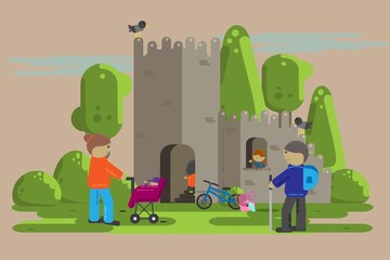 Vector illustration of a sightseeing in the woods. Old castle in the forest