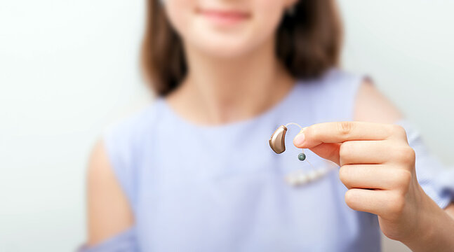 Hearing aid in hand of a teenage girl patient, close-up. Selection of hearing aid for a child. Hearing concept