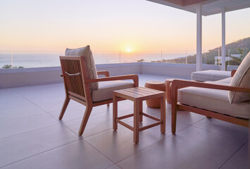 Scenic sunset ocean view from luxury home showcase balcony