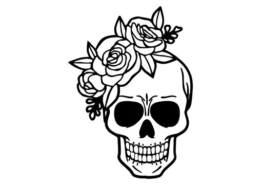 black outline of skull with flowers
