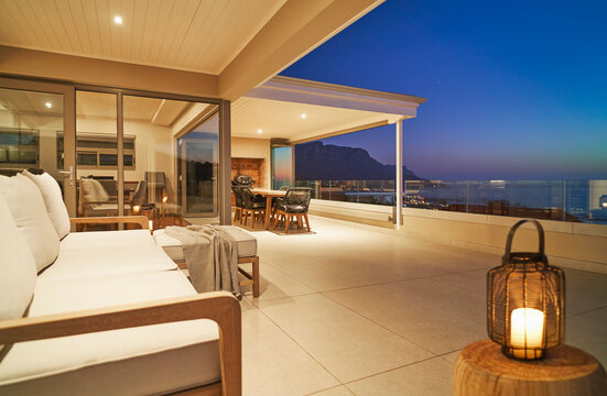 Lantern With Candle On Luxury Home Showcase Patio With Ocean View