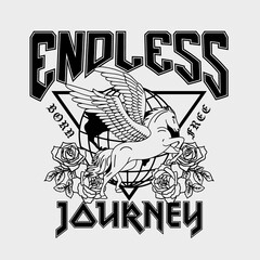 Pegasus with Globe and Roses Vector Artwork on White Background for Apparel and Other Uses