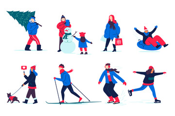 People spend time outside in winter. Illustration of winter activities - snowman modeling, skiing and skating, shopping, walking, etc. Set of flat characters for your season design. Isolated on white.
