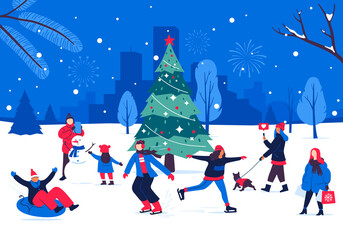 Naklejka premium Winter holiday festivities around the Christmas tree. People having fun and spending time outdoors in the city park. Winter holidays vector illustration. Characters in warm clothes. Season activities.