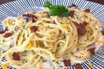 Spaghetti with pancetta. Hard parmesan cheese and cream sauce. Traditional italian cuisine. Pasta alla carbonara