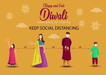 vector illustration of Hindu family celebrating on Happy Diwali Indian holiday background. covid 19, corona virus concept, keep social distancing