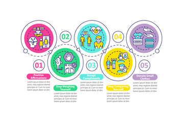 Body positivity tips vector infographic template. Stop comparing yourself presentation design elements. Data visualization with 5 steps. Process timeline chart. Workflow layout with linear icons